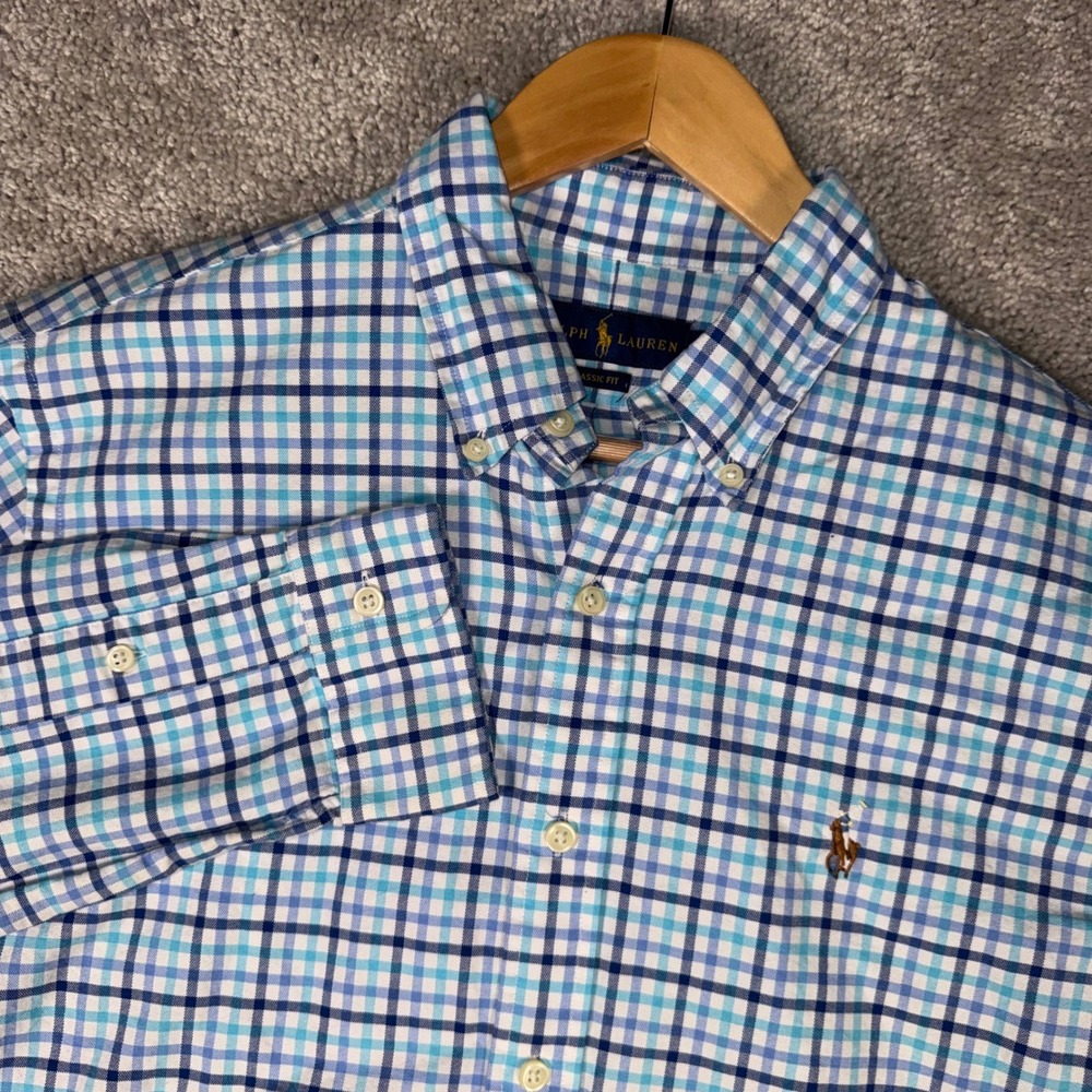Polo Ralph Lauren‎ Men's M Classic Fit Blue Plaid Button Down Shirt Flesh Pony
